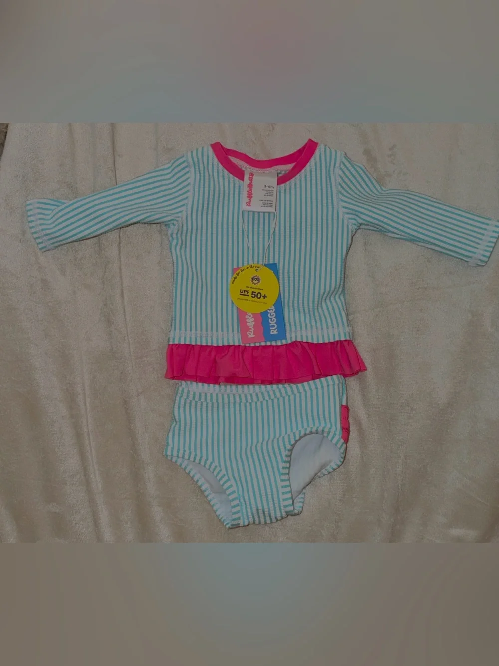 NWT RuffleButts Baby Girls Seersucker Long Sleeve Rash Guard Bikini, 3-6M